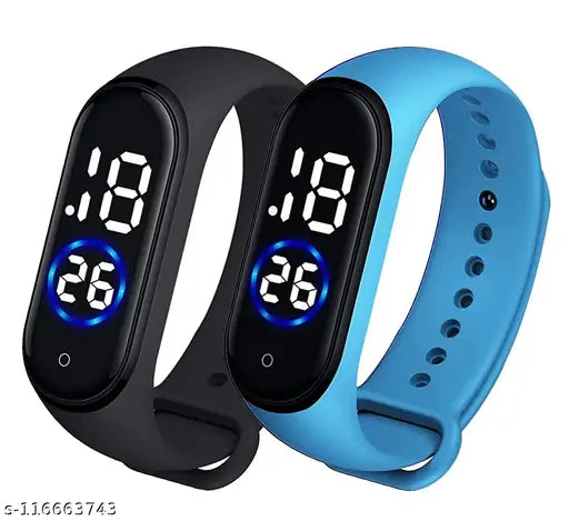 Black digital bracelet with blue LED display for boys and girls