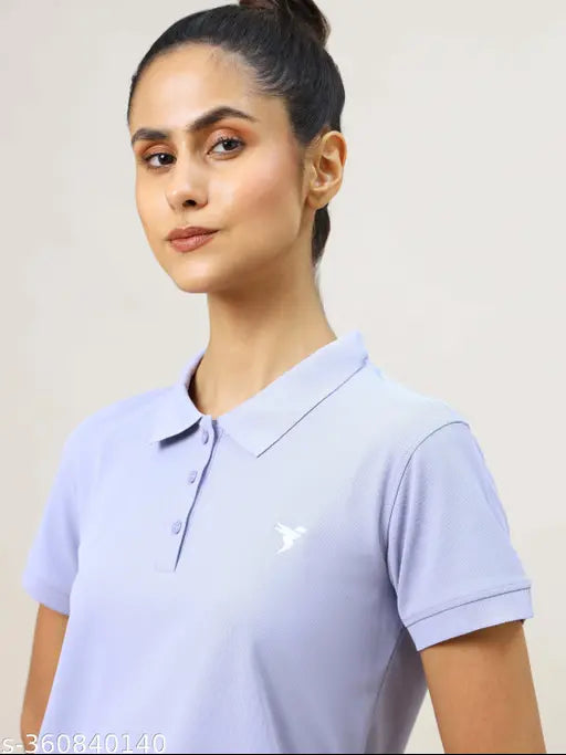Blue printed polyester women's t-shirt, soft & smooth with UPF50+ sun protection and anti-microbial technology. Model (5'7") wears size M, made in India