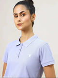 Blue printed polyester women's t-shirt, soft & smooth with UPF50+ sun protection and anti-microbial technology. Model (5'7") wears size M, made in India
