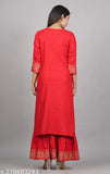 Red rayon kurta and sharara set with gold print, straight neck