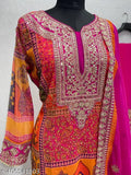 Pink and gold georgette heavy designer suit with matching dupatta