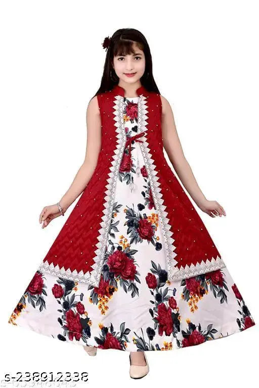 Green cotton blend ethnic gown for girls (3-4, 4-5, 5-6 years). Floral print, sleeveless, skin-friendly, perfect for parties & special occasions