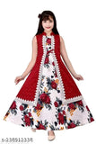 Green cotton blend ethnic gown for girls (3-4, 4-5, 5-6 years). Floral print, sleeveless, skin-friendly, perfect for parties & special occasions