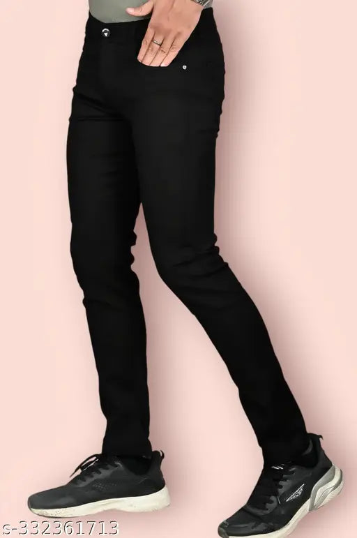 Stylish black denim jeans for men by JovsHil, solid pattern, comfortable fit. (Size 26 or 28)