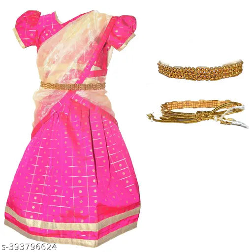 Cotton blend kids' lehenga choli set with net dupatta, embroidered traditional design, India origin