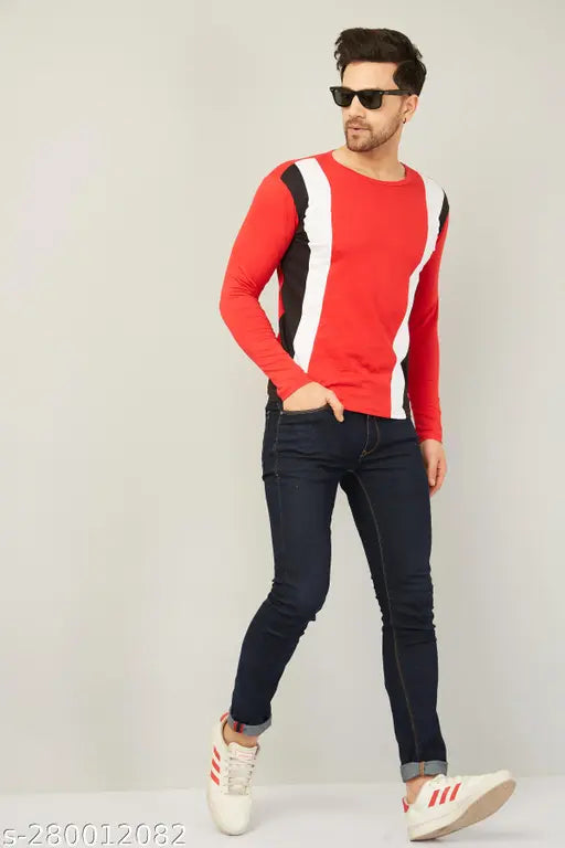Red colorblocked cotton regular round men's t-shirt with long sleeves, Swiftly brand" (90 characters)