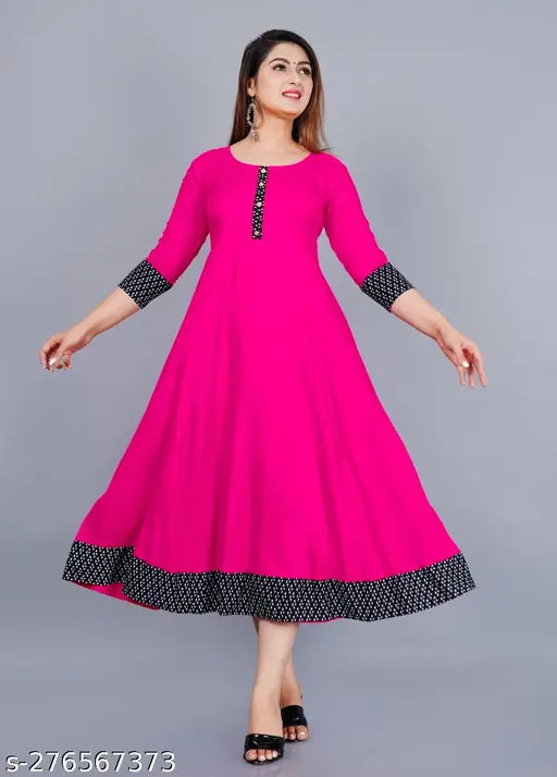 Pink rayon round pleated flared kurti with three-quarter sleeves, hand wash or machine washable