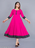 Pink rayon round pleated flared kurti with three-quarter sleeves, hand wash or machine washable