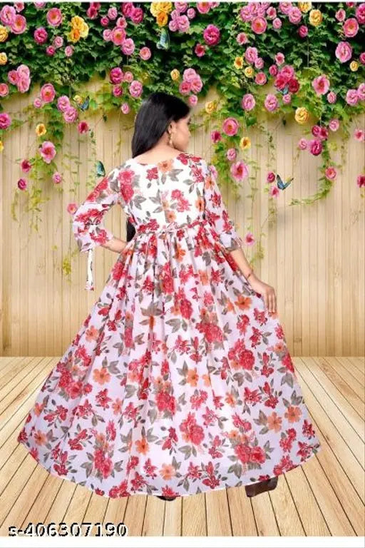 Stylish and comfortable printed cotton girls gown for 9-15 years, vibrant net pattern on long sleeves