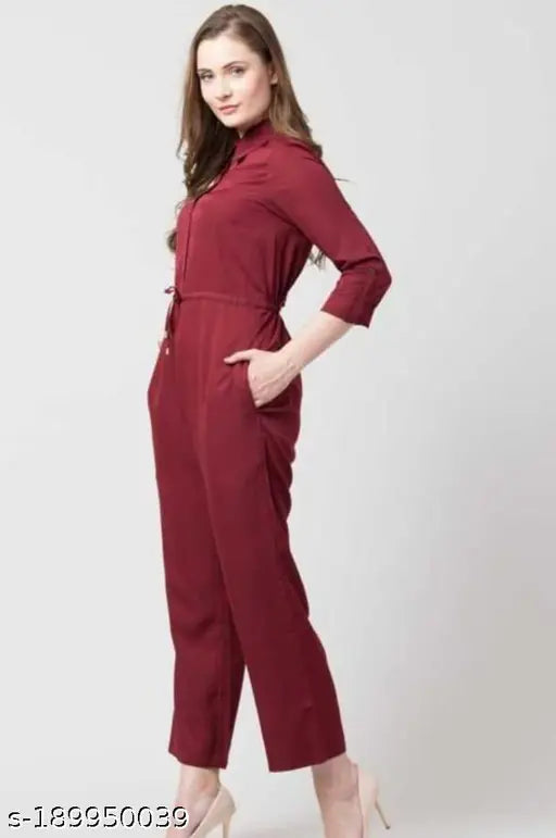 Indian crepe solid-colored jumpsuit with three-quarter sleeves, women's size M