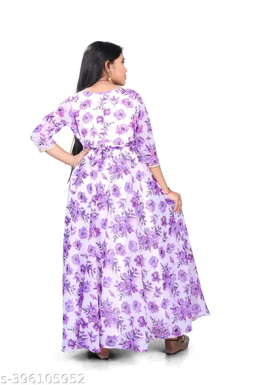Indian designer pure georgette formal gown, print pattern, long sleeves, trendy for summer season