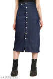 Blue denim long skirt, button side split style for women & girls, solid pattern, size 28, 30, 32, 34, 36, or 38 (waist sizes 28in-38in, hip sizes 32in-42in, length size 31in). Indian denim clothing for fashionable women and girls