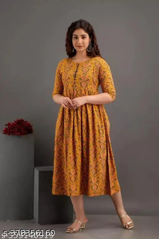 Rayon printed Anarkali kurtis, women's three-quarter sleeve fashion for India, vibrant patterned ethnic wear