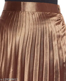 Women's trendy pleated satin midi skirt, elastic waistband, full length, flared hemline, travel-friendly satin fabric, available in sizes 28-Free