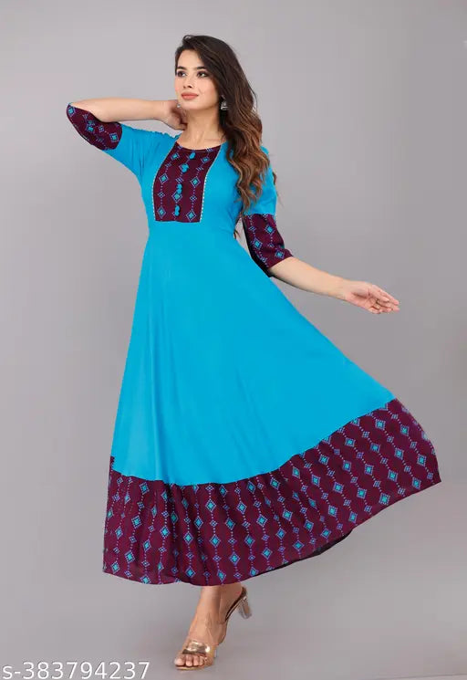 Blue Rayon Anarkali Kurti, printed combo, three-quarter sleeves, stylish and versatile women's fashion