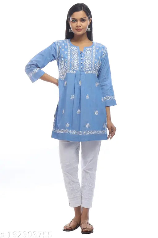Denim cotton short top, hand-embroidered winter wear, embroidered three-quarter sleeves, XS-XXL. Artfully done Lucknow chikankari embroidery on soft muslin and cotton fabric. Gold thread detailing, fashionable and comfortable. Made in India