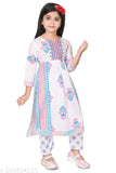 White Kids Printed Salwar Suit Set with Rayon Top and Poly Chiffon Dupatta, featuring three-quarter sleeves and trendy long side cuts. Indian ethnic wear for 4-5, 5-6, 8-9, 6-7, 7-8, 9-10, and 10-11 years old