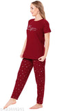 Maroon hosiery cotton printed half-sleeve T-shirt and pyjama set, women's nightwear for comfortable sleepwear