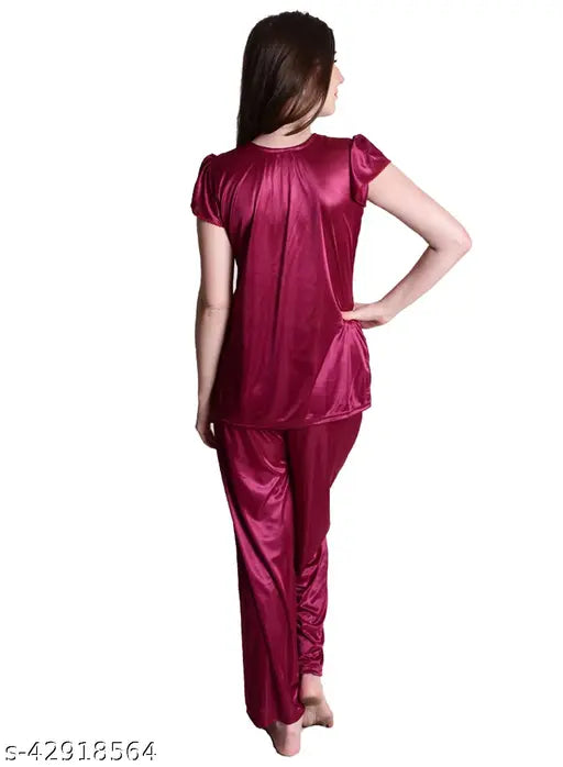 Wine satin nightwear pajama set, luxurious and elegant satin night suit top in solid color for bedroom or special nights, made in India