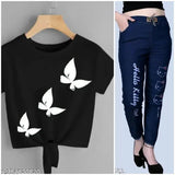 Cotton blend t-shirt with denim jogger jeans combo pack 2 - unique printed style for casual fashion