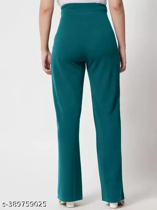 Cotton blend, trendy high-rise bootcut trouser pants combo for women in 3 sizes: solid color, bellbottom style, Made in India
