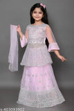 Pink net lehenga choli with dupatta, embellished and aari work, three-quarter sleeves, for kids aged 1-11 years (sizes: 27in-31in), Indian traditional wear on display