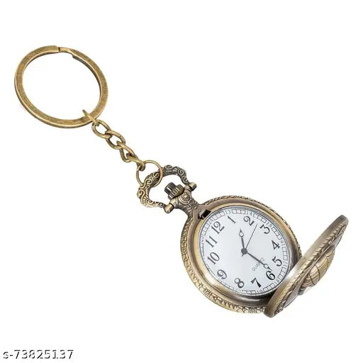 Antique pocket watch keychain with analog clock, spider face design, white round dial