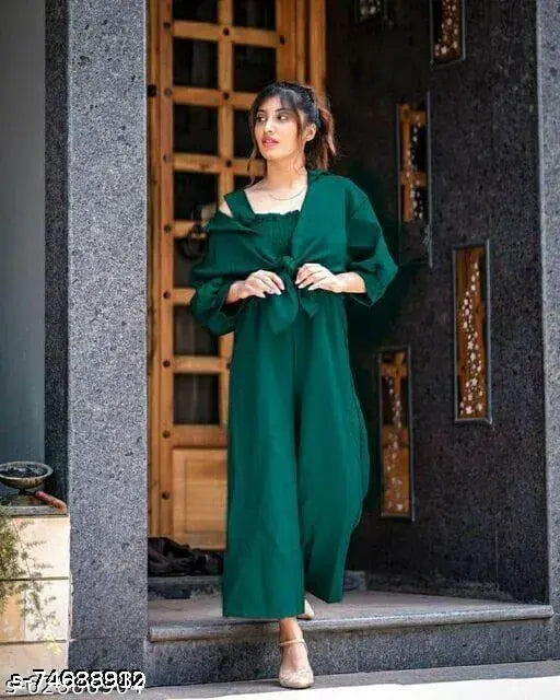 Crepe, three-quarter sleeve, solid pattern, two-piece fashion jumpsuit set with note shirt. Indian fashion wear for women