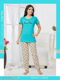 Sky Blue hosiery night suit top and pajama set for women, featuring a half sleeve T-shirt and pants in printed design. Soft cotton material ensures comfort and durability. Ideal for sleepwear and loungewear