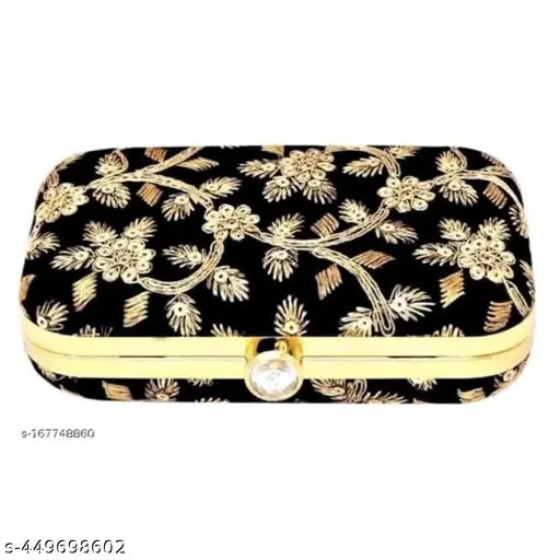 Black embroidered clutch with gold accents, zip closure