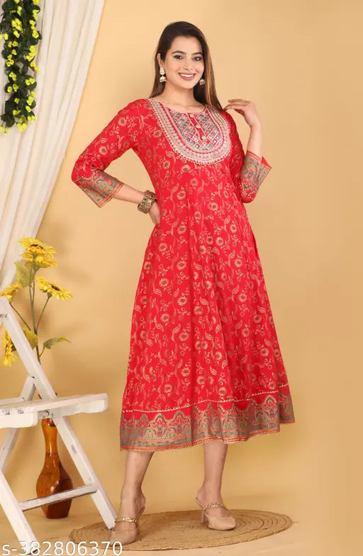 Gold-print rayon anarkali with coding embroidery, three-quarter sleeves, Indian traditional dress for women in sizes M-XXL (38in-44in bust)