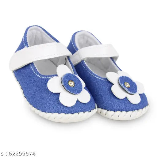 Denim and cotton baby sandal booties with floral embroidery, for 6 to 12 month old girls