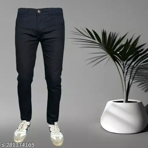 Men's polyester black jeans, solid jet black fabric, size 28/30/32, made in India