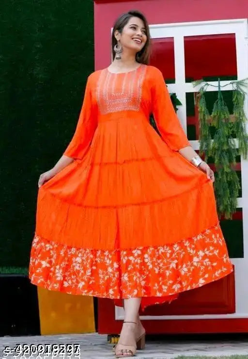 Women's rayon printed anarkali kurti with flared skirt and elbow-length sleeves