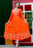 Women's rayon printed anarkali kurti with flared skirt and elbow-length sleeves