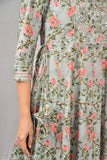 Black floral embroidery, long sleeves, deep neck, floor length, 3/4 sleeves