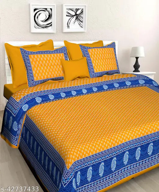 Cotton Jaipuri bedsheet with 4 pillow covers, traditional Indian Sanganeri pattern, regular quality