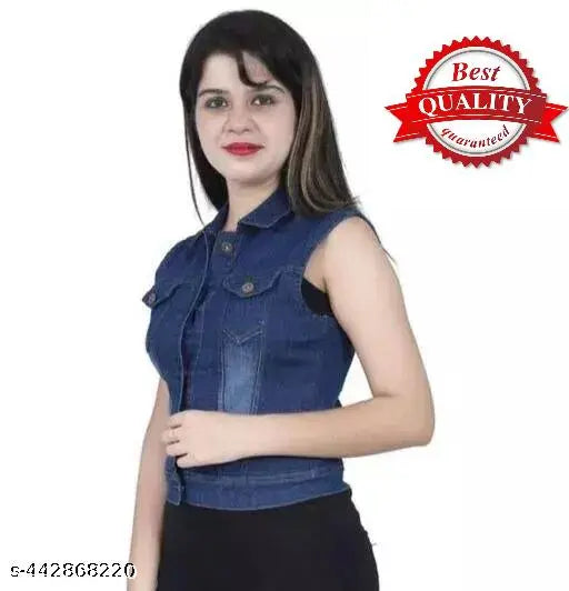 Dark denim sleeveless jacket, solid pattern, all-season versatility for men or women, India origin