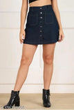 Navy blue denim mini skirt with front pocket and button closure