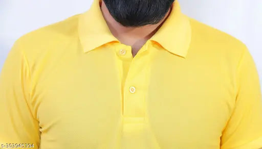 Yellow cotton-blend ME Solid Polo T-Shirt for men, high-quality, lightweight, and thin. Short sleeves, elastic stripes, S (19in/25in) M (21in/26in). India origin