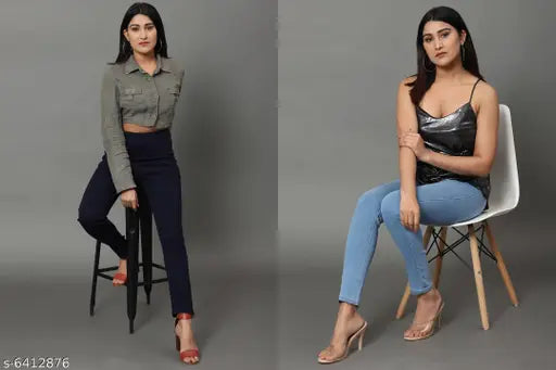 Denim skinny fit jeggings, navyblue-skyblue solid pattern, high waist elastic closer for women (pack of 2)