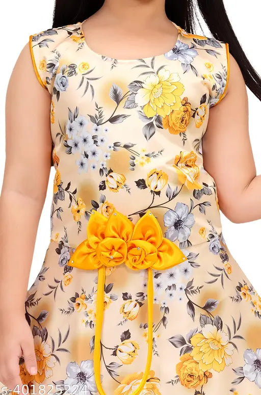 Gold cotton blend digital print gown, trendy and flawsome for parties, weddings, and festivals. Perfect for girls aged 1-11 years. Imported from India, skin-friendly and suitable for all seasons