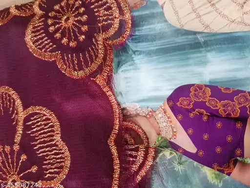 Purple, patterned foil printed saree