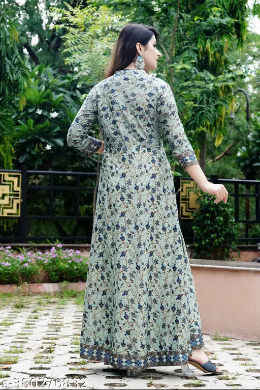 Rayon printed Anarkali kurta for women, three-quarter sleeves, trendy festive wear from India
