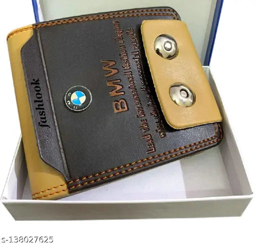 Brown BMW double magnet wallet, PU leather men's accessories, 5 compartment billfold, solid pattern, free size (12cm x 10cm), made in India