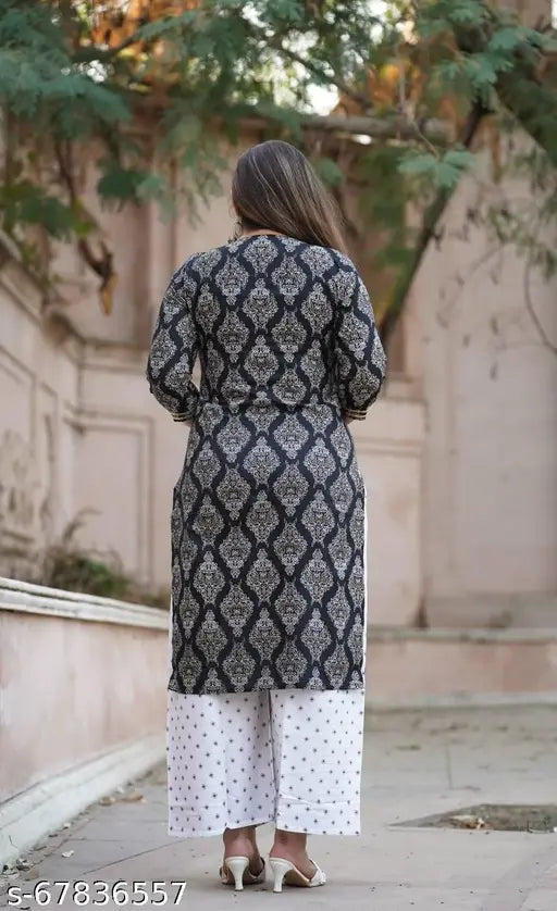 Rayon embroidered straight kurta with palazzo pants, printed net design, three-quarter sleeves, women's fashion from India