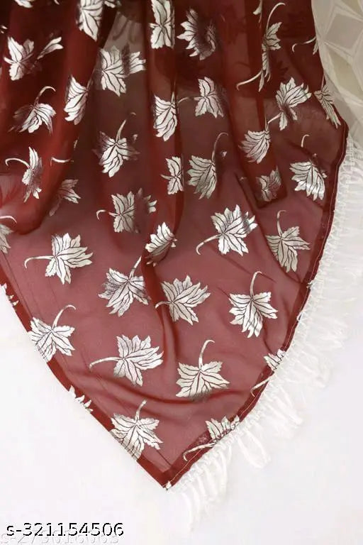 Red and white georgette saree with silver foil embroidery, unstitched blouse