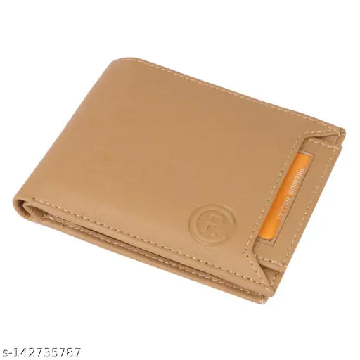 Beige faux leather men's wallet, classic design with detachable cardholder and ATM slot