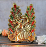Gold-polished Radha Krishna matki, Indian metal figurine home decoration (15cm x 20cm x 10cm), for worship and office
