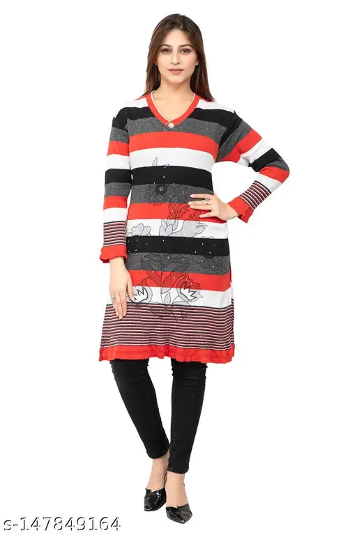 Magenta, grey, and orange striped women's knee length knitted kurti